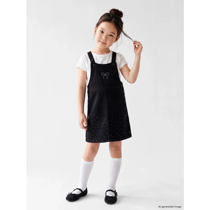 LCW Kids Siyah Fiyonk Ve Taşlı Kız Çocuk Jean Salopet Elbise