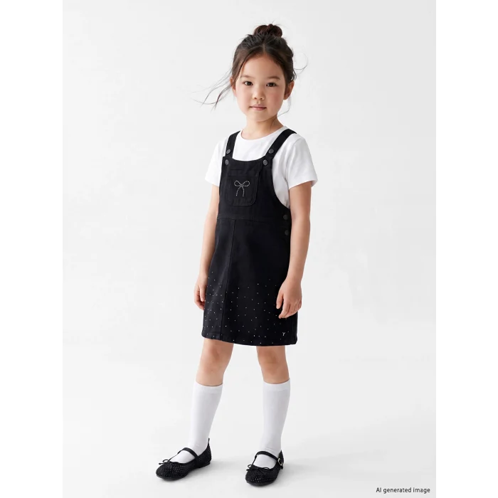 LCW Kids Siyah Fiyonk Ve Taşlı Kız Çocuk Jean Salopet Elbise