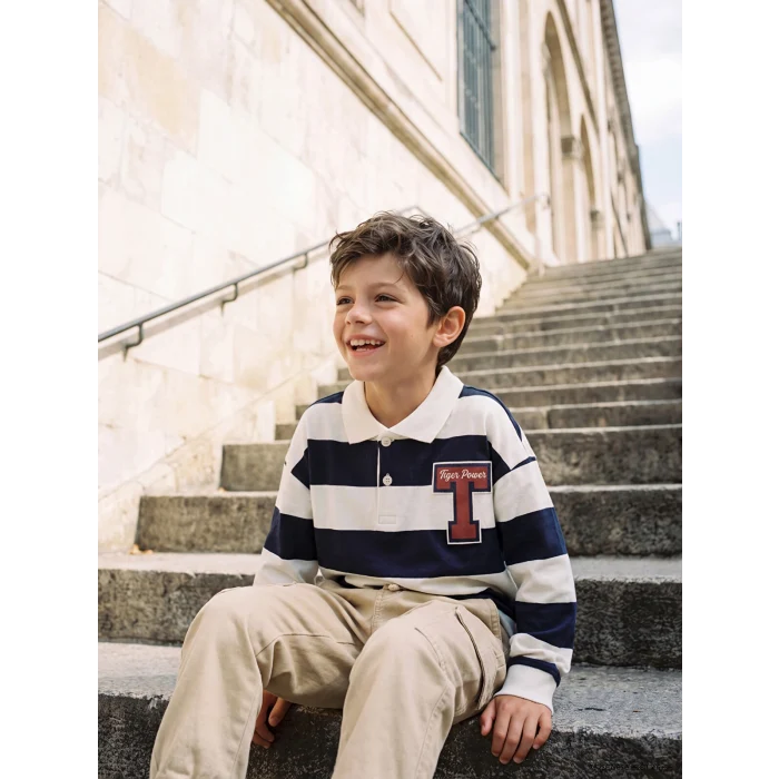 LCW Kids Lacivert Polo Yaka Çizgili Nakışlı Erkek Çocuk Tişört