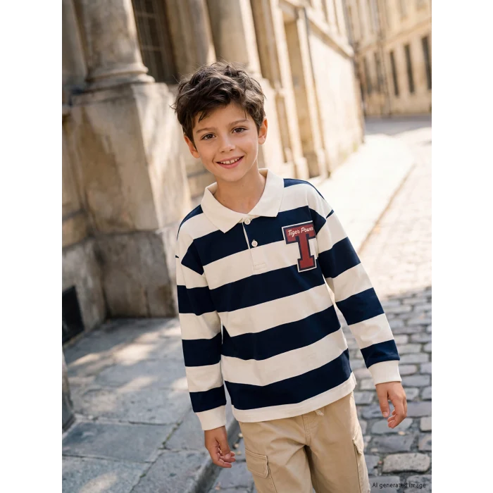 LCW Kids Lacivert Polo Yaka Çizgili Nakışlı Erkek Çocuk Tişört