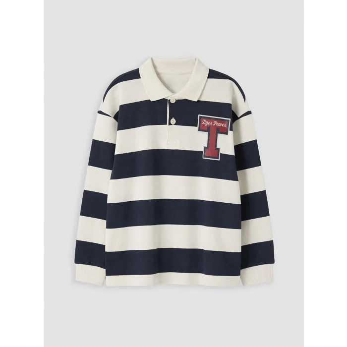 LCW Kids Lacivert Polo Yaka Çizgili Nakışlı Erkek Çocuk Tişört