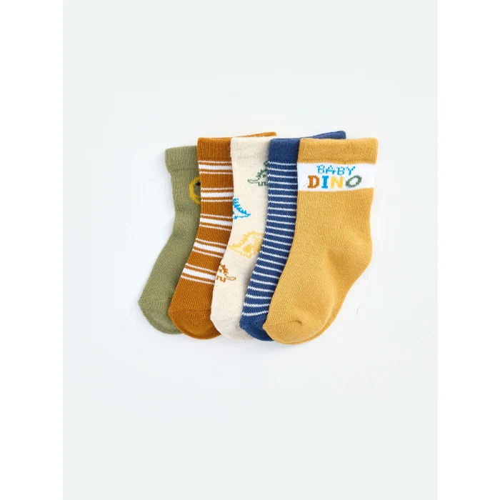 LCW baby Yeşil Dinozor Nakışlı Erkek Bebek Soket Çorap 5li