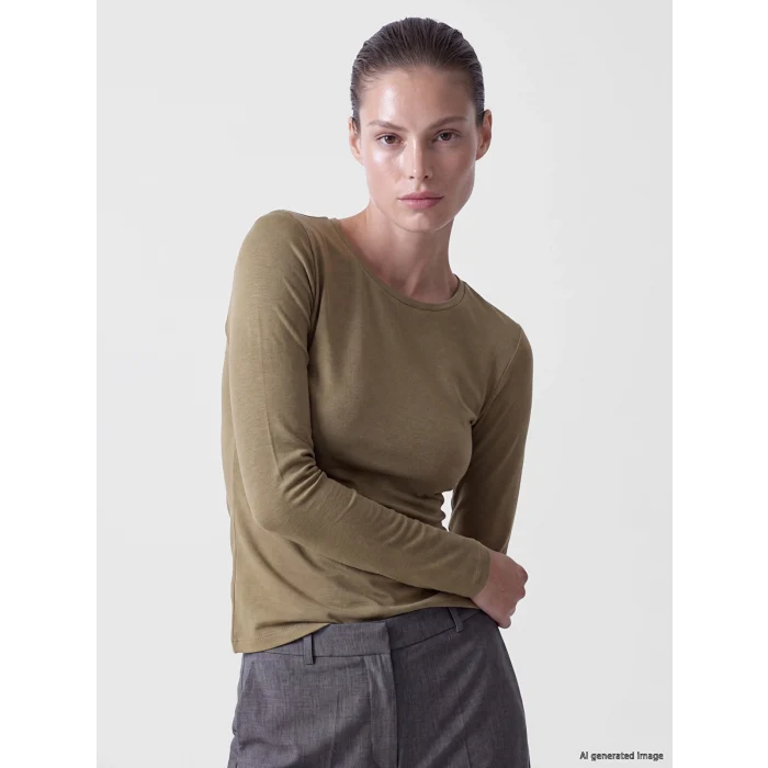 LCW EVERYDAY Haki Bisiklet Yaka Soft Touch Kadın Tişört