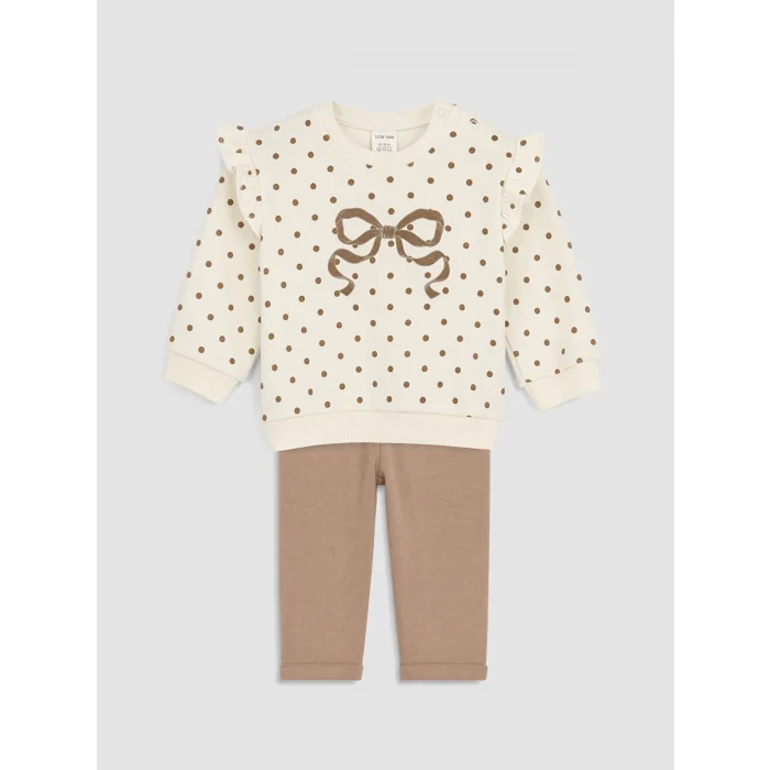 LCW baby Ekru Fiyonk Baskılı Kız Bebek Takım