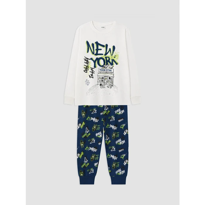 LCW Kids Ekru New York Baskılı Erkek Çocuk Pijama Takım