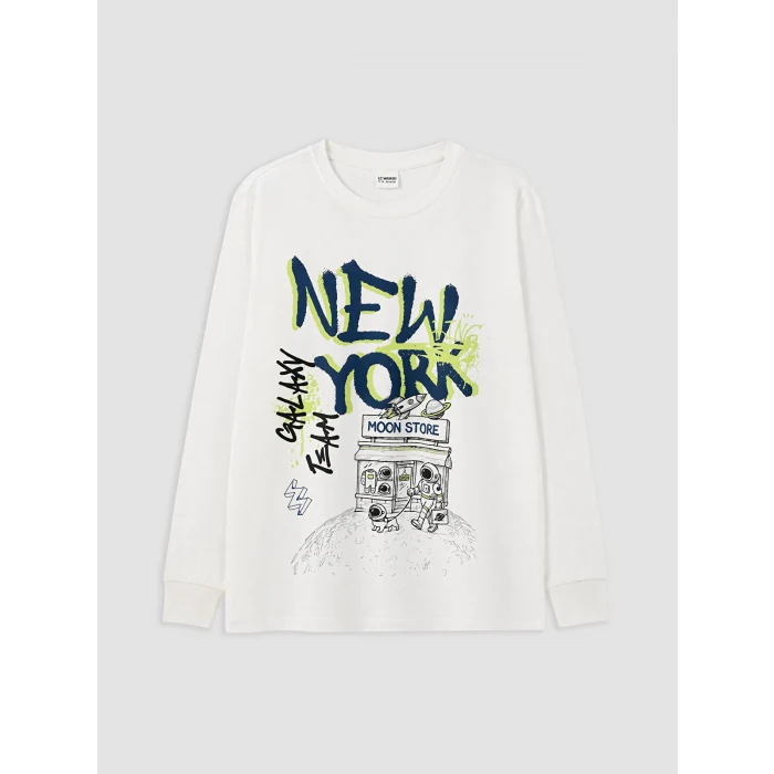 LCW Kids Ekru New York Baskılı Erkek Çocuk Pijama Takım
