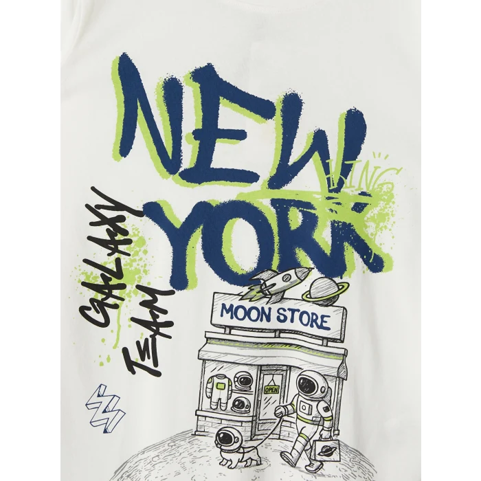 LCW Kids Ekru New York Baskılı Erkek Çocuk Pijama Takım