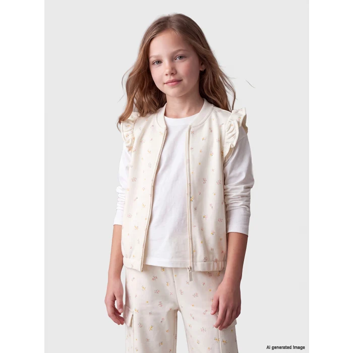 LCW Kids Ekru Bisiklet Yaka Baskılı Kız Çocuk Yelek