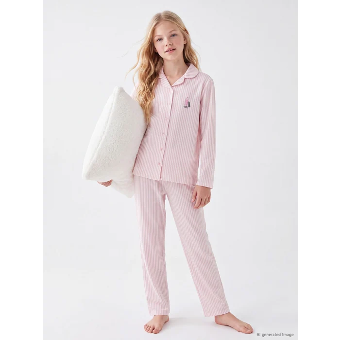 LCW Kids Pembe Gömlek Yaka Kız Çocuk Pijama Takım