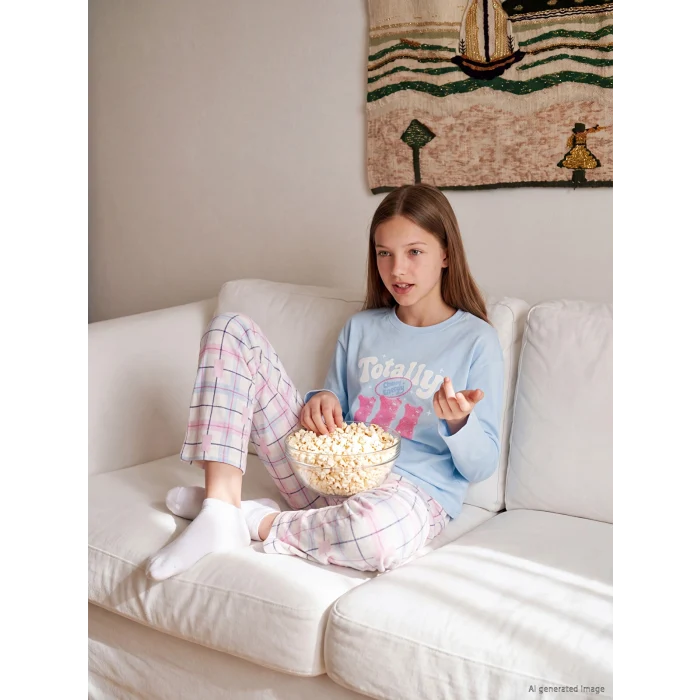 LCW Kids Mavi Bisiklet Yaka Kız Çocuk Pijama Takım