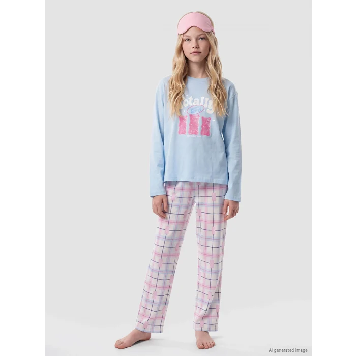 LCW Kids Mavi Bisiklet Yaka Kız Çocuk Pijama Takım