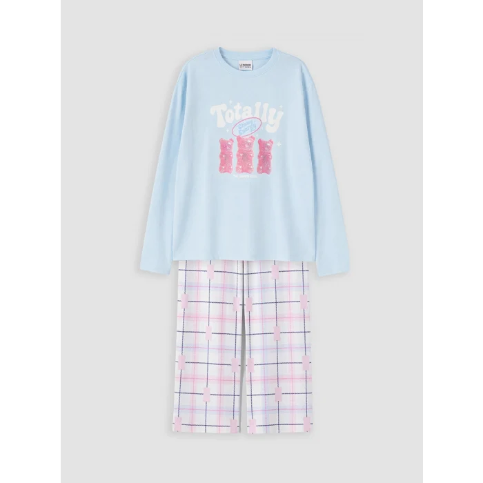 LCW Kids Mavi Bisiklet Yaka Kız Çocuk Pijama Takım