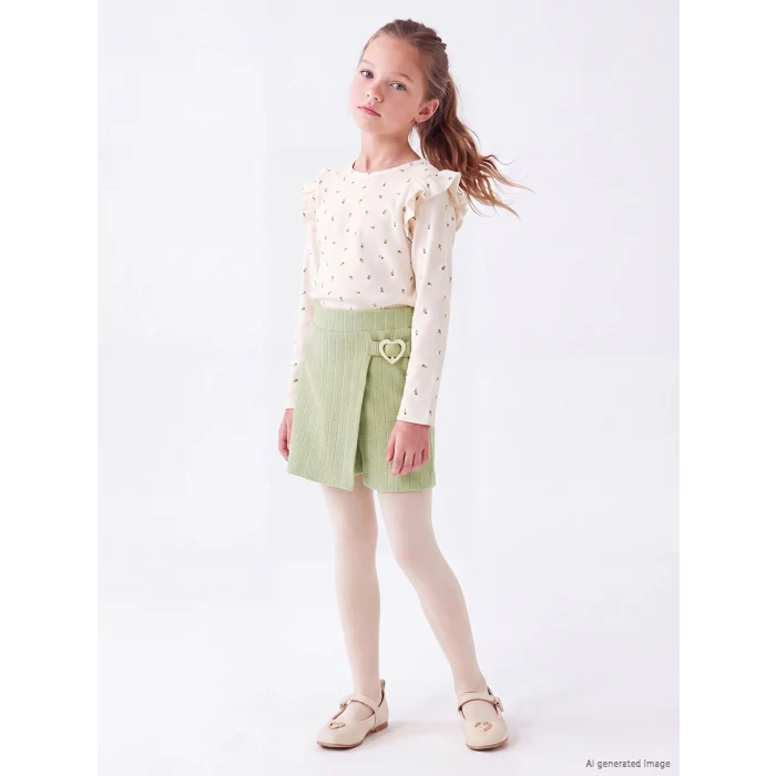 LCW Kids Ekru Fırfırlı Çiçekli Kız Çocuk Şort Takım