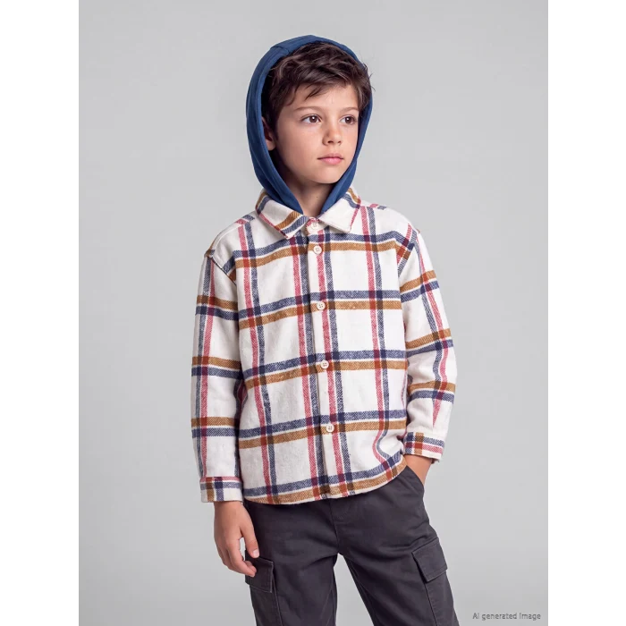 LCW Kids Ekru Kapüşonlu Ekose Gabardin Erkek Çocuk Gömlek
