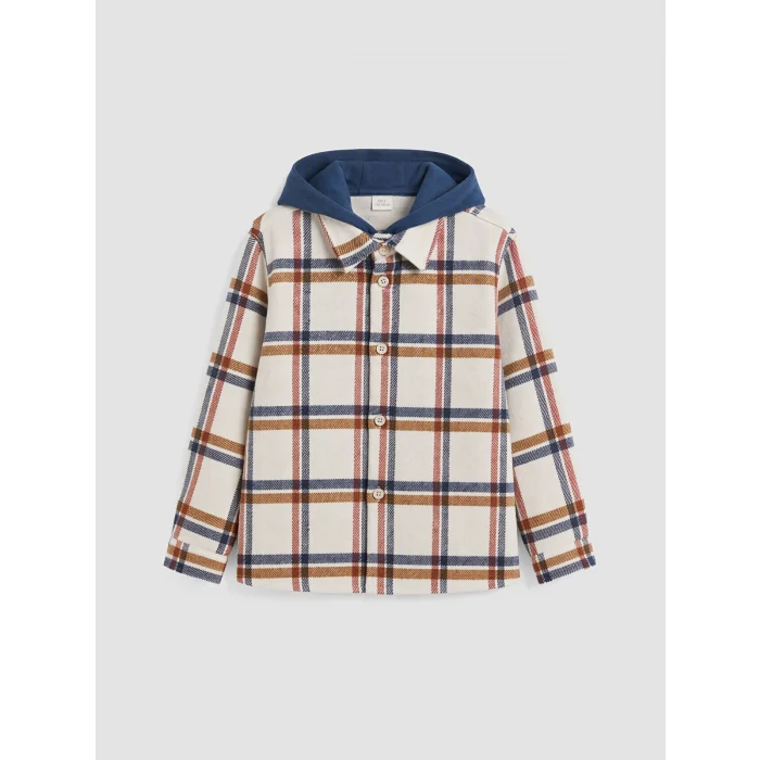 LCW Kids Ekru Kapüşonlu Ekose Gabardin Erkek Çocuk Gömlek