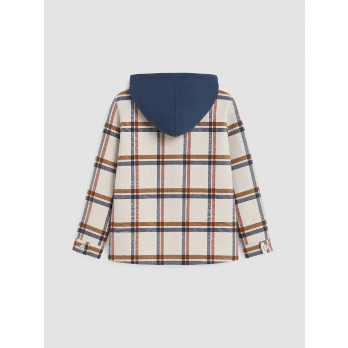 LCW Kids Ekru Kapüşonlu Ekose Gabardin Erkek Çocuk Gömlek