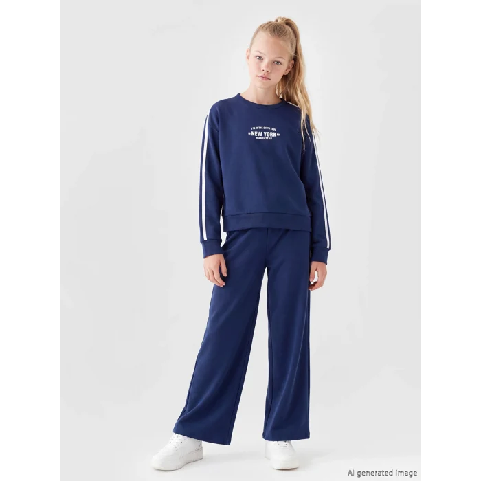 LCW Kids İndigo New York Baskılı Kız Çocuk Soft Touch Takım