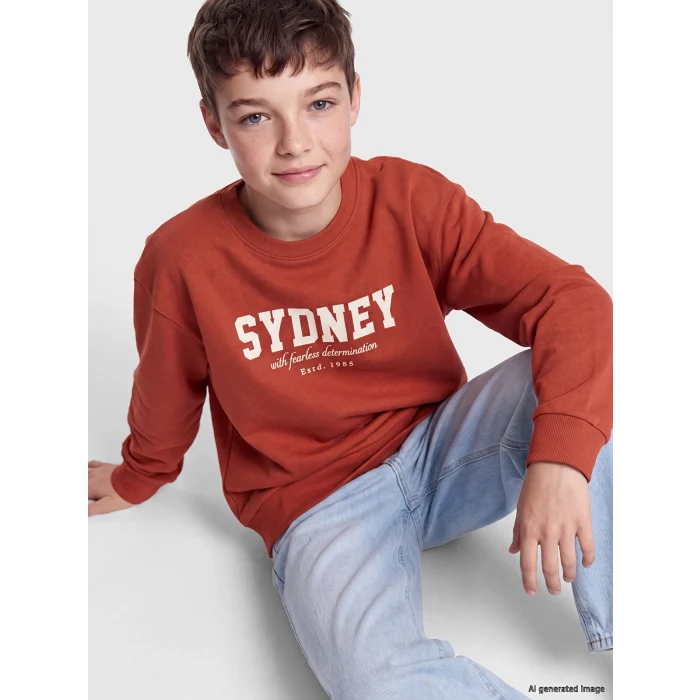 LCW Kids Kahverengi Bisiklet Yaka Sydney Baskılı Erkek Çocuk Sweatshirt