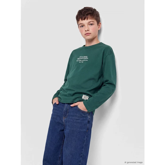 LCW Kids Yeşil Bisiklet Yaka Slogan Baskılı Erkek Çocuk Tişört