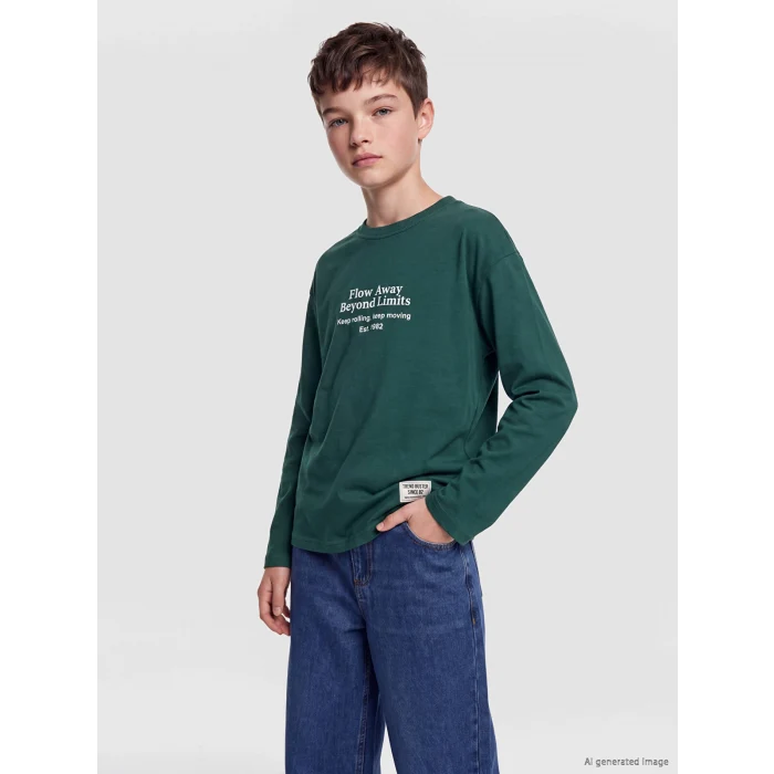 LCW Kids Yeşil Bisiklet Yaka Slogan Baskılı Erkek Çocuk Tişört