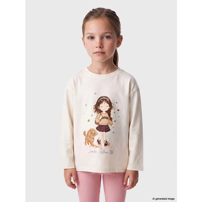 LCW Kids Ekru Bisiklet Yaka Baskılı Kız Çocuk Tişört