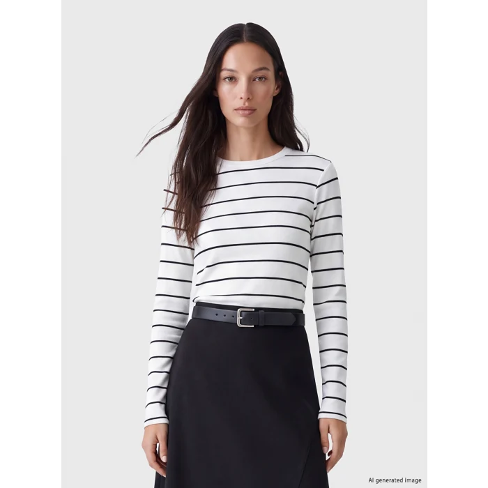LCW EVERYDAY Ekru Bisiklet Yaka Çizgili Kadın Body
