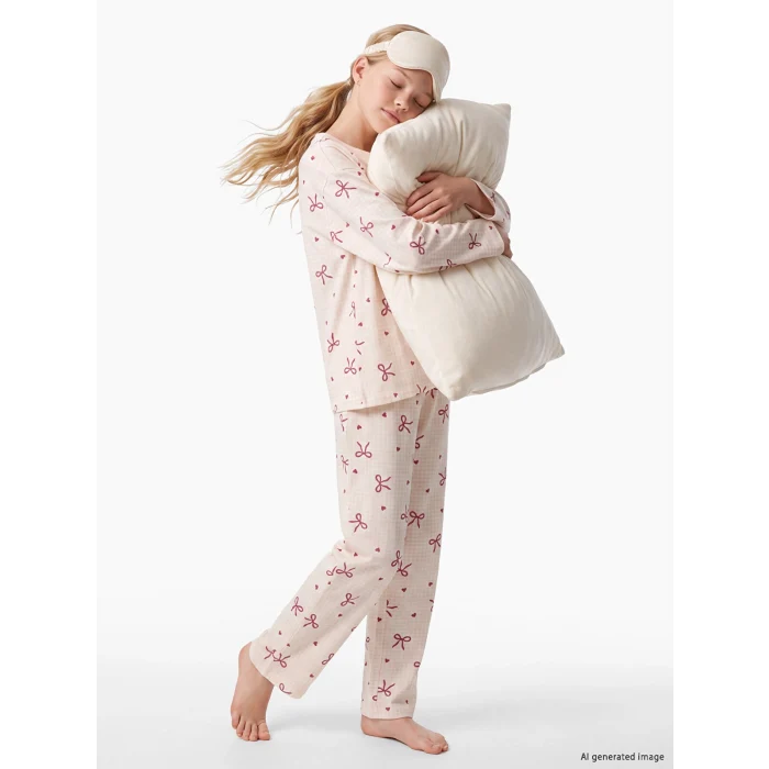 LCW Kids Ekru Bisiklet Yaka Kız Çocuk Pijama Takım