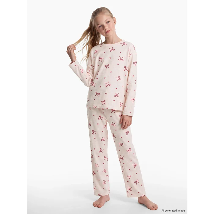 LCW Kids Ekru Bisiklet Yaka Kız Çocuk Pijama Takım