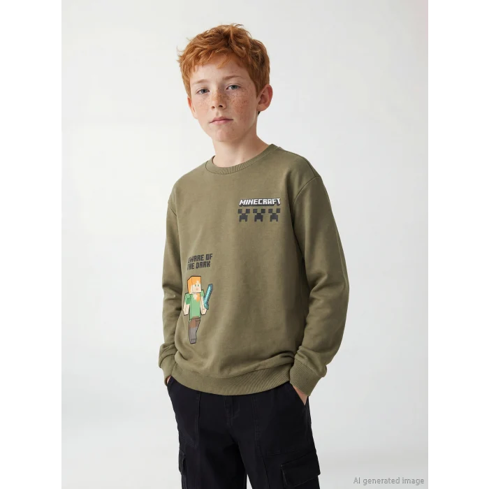 LCW Kids Haki Erkek Çocuk Minecraft Baskılı Sweatshirt