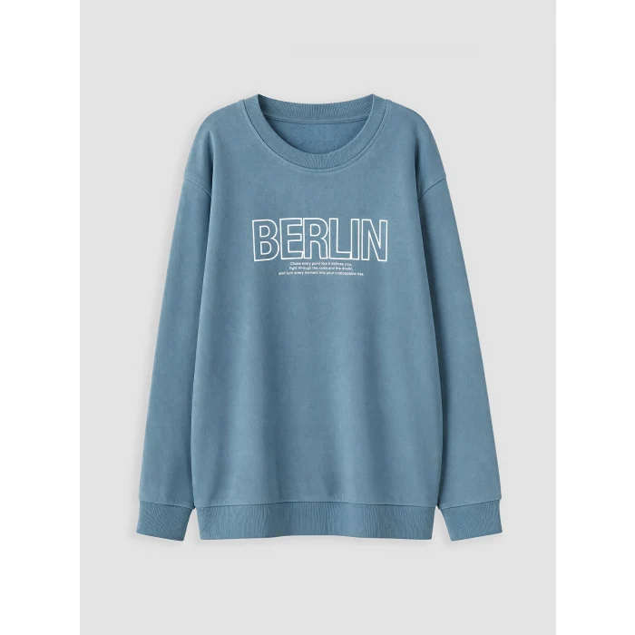 LCW Kids Mavi Bisiklet Yaka Berlin Baskılı Erkek Çocuk Sweatshirt