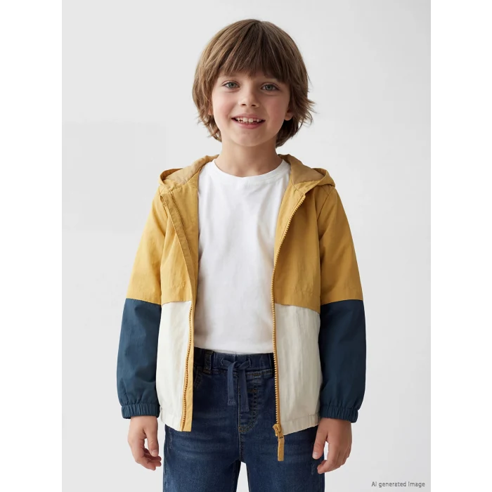 LCW Kids Bej Kapüşonlu Renk Bloklu Erkek Çocuk Yağmurluk