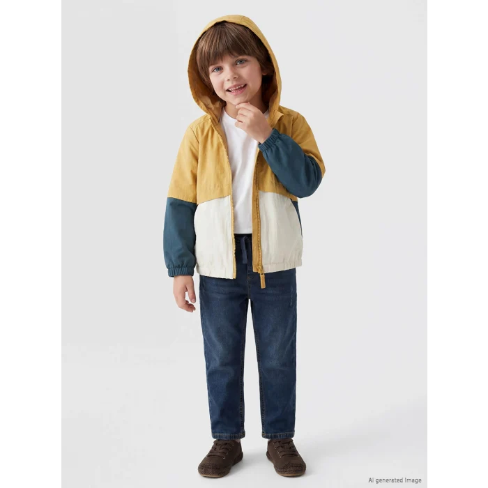 LCW Kids Bej Kapüşonlu Renk Bloklu Erkek Çocuk Yağmurluk