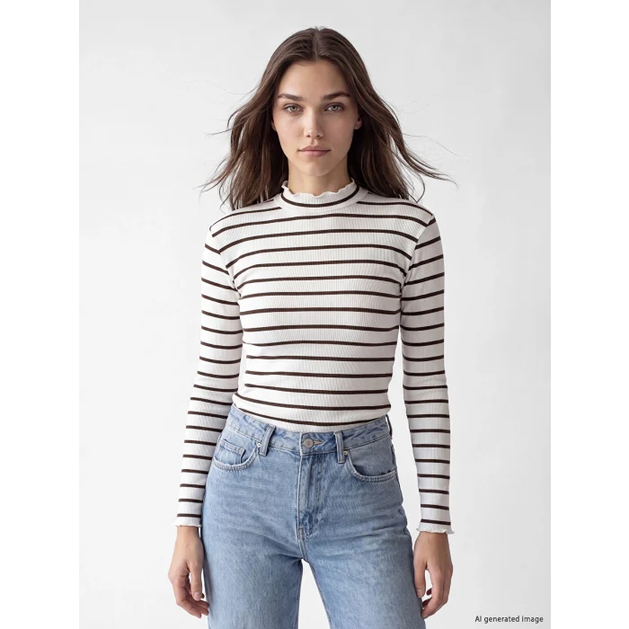 LCW Modest Kahverengi Dik Yaka Çizgili Kadın Body