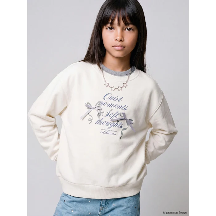 LCW Kids Ekru Bisiklet Yaka Nakışlı Kız Çocuk Kalın Sweatshirt