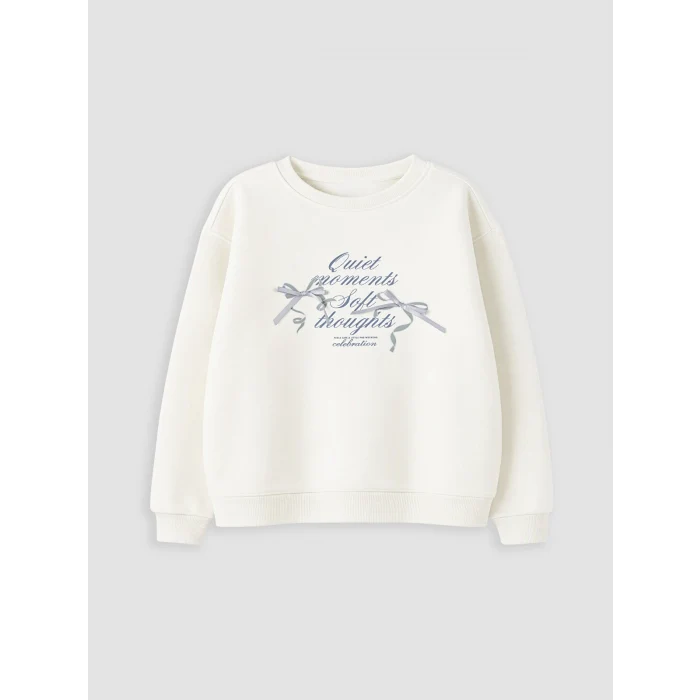 LCW Kids Ekru Bisiklet Yaka Nakışlı Kız Çocuk Kalın Sweatshirt