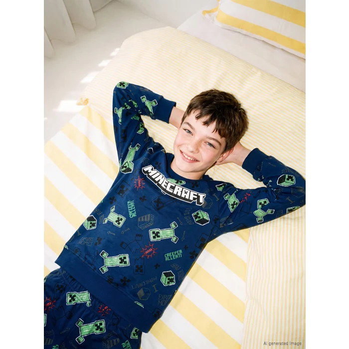 LCW Kids Lacivert Minecraft Baskılı Erkek Çocuk Pijama Takım