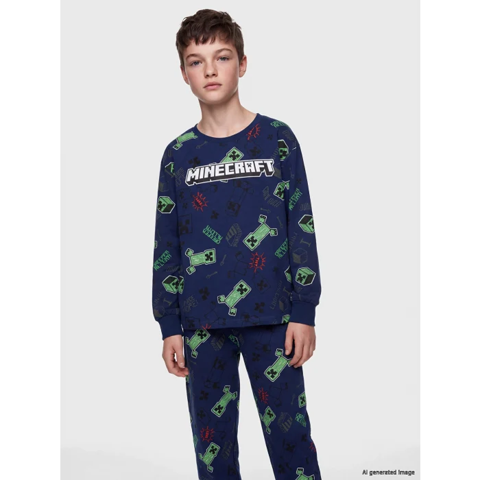 LCW Kids Lacivert Minecraft Baskılı Erkek Çocuk Pijama Takım