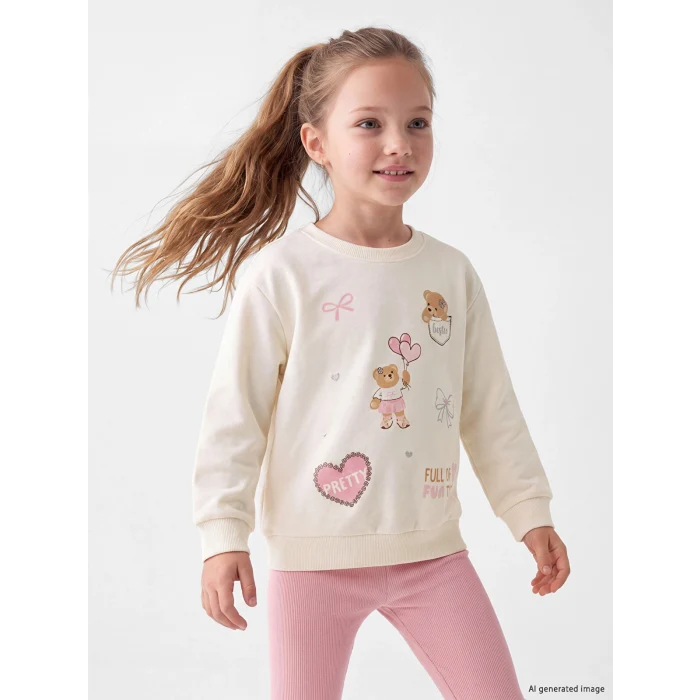 LCW Kids Ekru Kız Çocuk Baskılı Sweatshirt