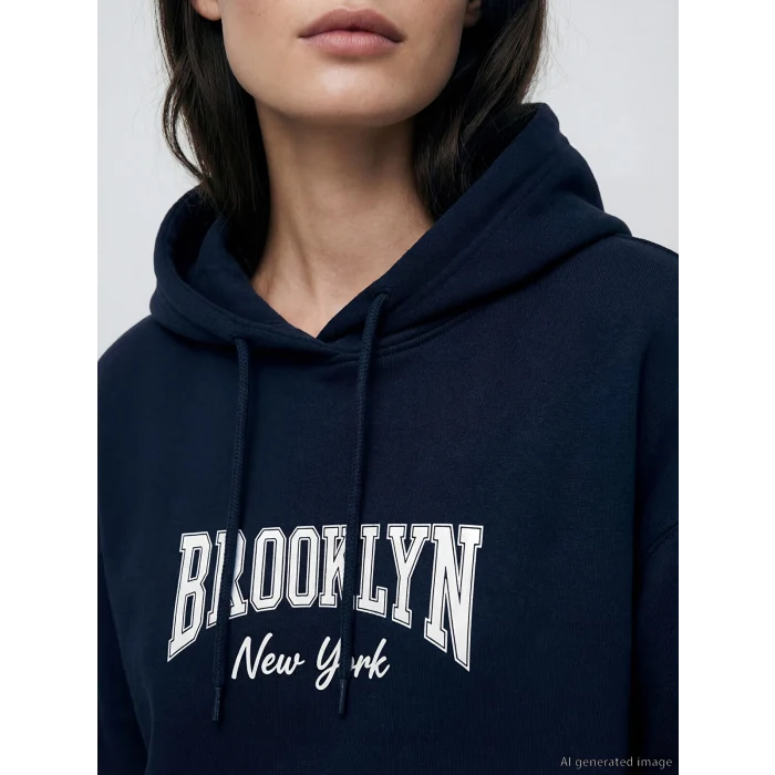 LCW Modest Lacivert Kapüşonlu Brooklyn Baskılı Kadın Sweatshirt Tunik