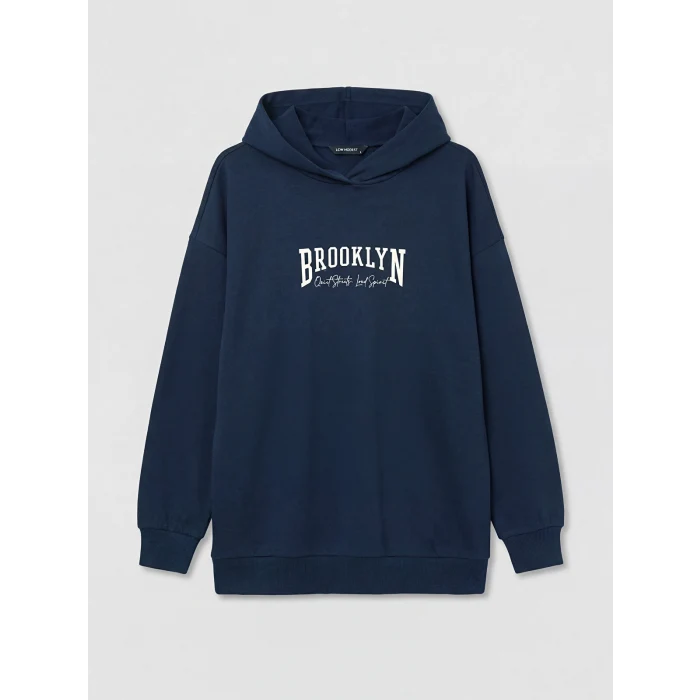 LCW Modest Lacivert Kapüşonlu Brooklyn Baskılı Kadın Sweatshirt Tunik