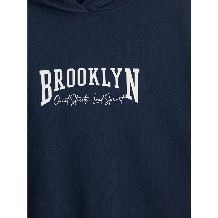 LCW Modest Lacivert Kapüşonlu Brooklyn Baskılı Kadın Sweatshirt Tunik