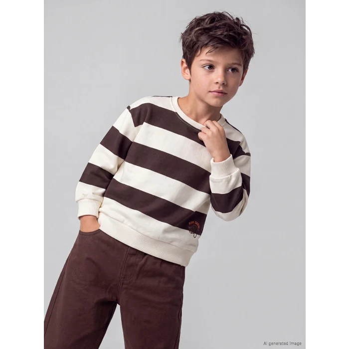 LCW Kids Bej Çizgili Erkek Çocuk Kalın Sweatshirt