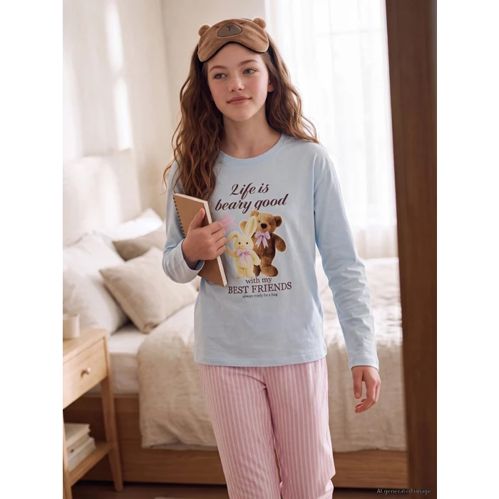 LCW Kids Mavi Bisiklet Yaka Baskılı Kız Çocuk Pijama Takımı