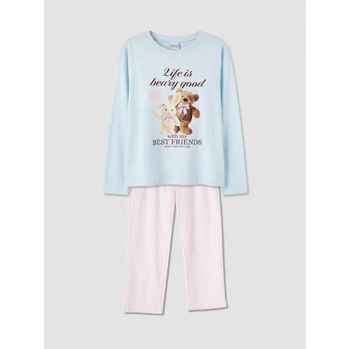 LCW Kids Mavi Bisiklet Yaka Baskılı Kız Çocuk Pijama Takımı