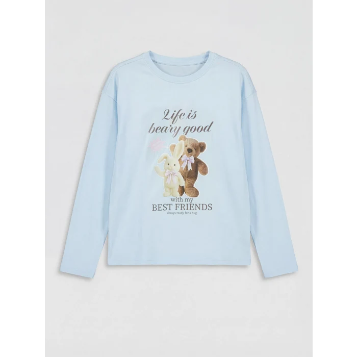 LCW Kids Mavi Bisiklet Yaka Baskılı Kız Çocuk Pijama Takımı
