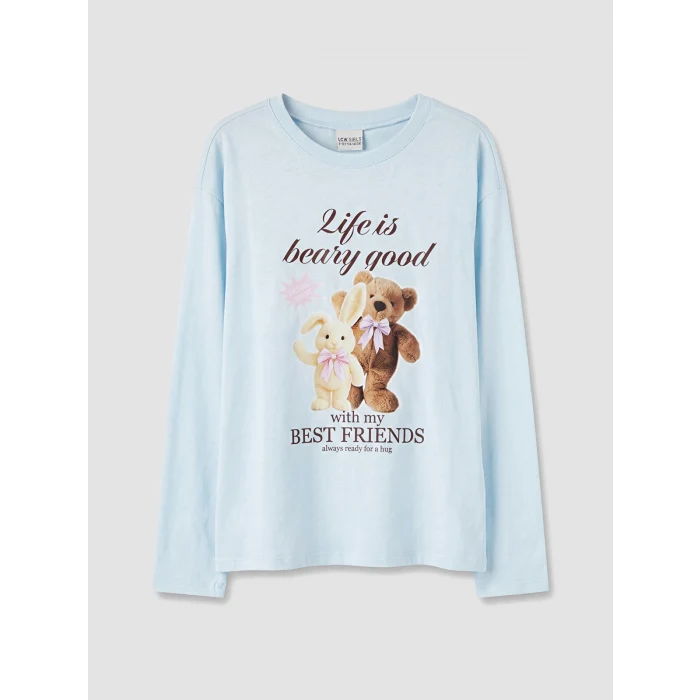 LCW Kids Mavi Bisiklet Yaka Baskılı Kız Çocuk Pijama Takımı