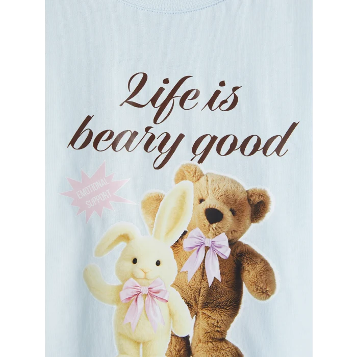 LCW Kids Mavi Bisiklet Yaka Baskılı Kız Çocuk Pijama Takımı