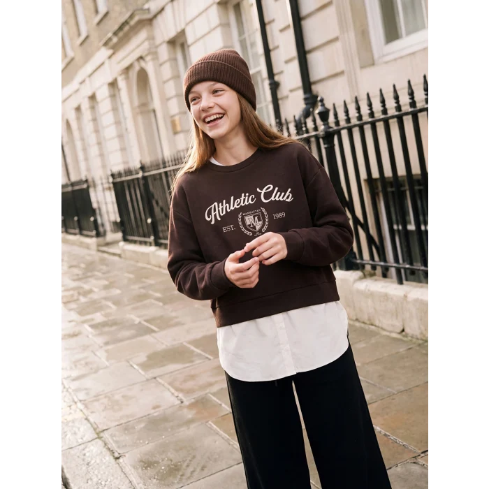 LCW Kids Kahverengi Baskılı Kız Çocuk Kalın Sweatshirt