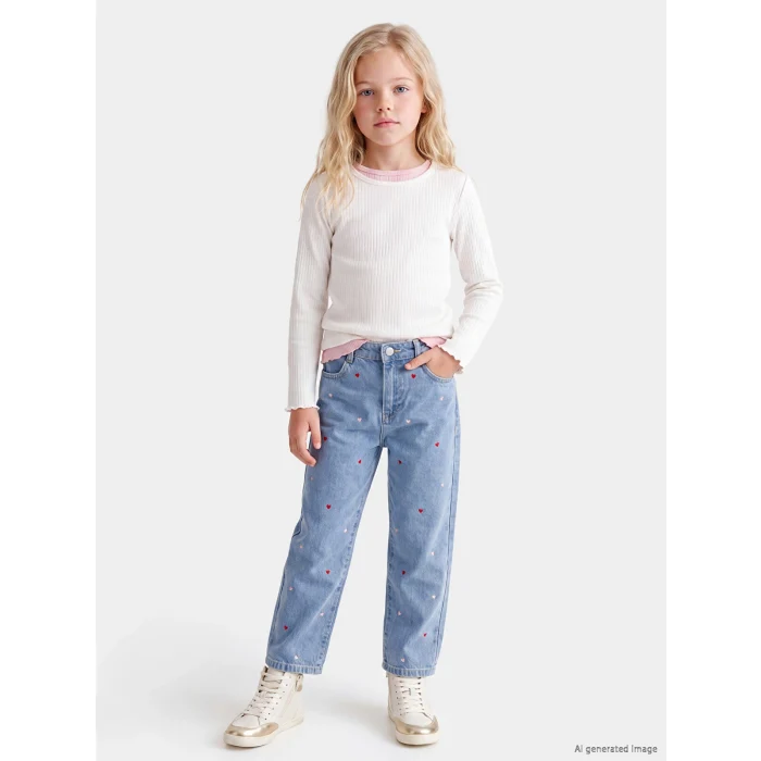 LCW Kids İndigo Straight Fit Nakışlı Kız Çocuk Jean Pantolon