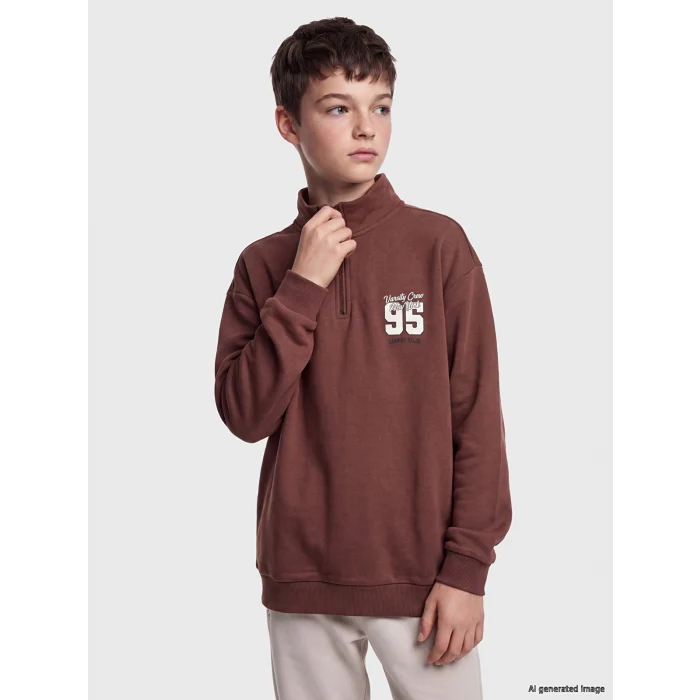 LCW Kids Kahverengi Dik Yaka Baskılı Erkek Çocuk Kalın Sweatshirt